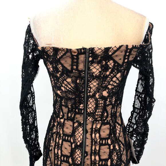 BARDOT Women's Zendaya Mini Lace Dress US 8 Large Black Nude Off Shoulder NWT - Picture 7 of 12